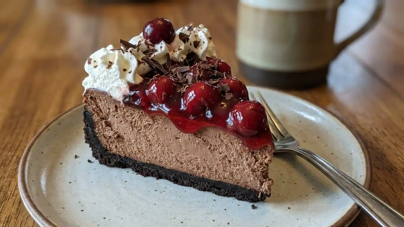 Black Forest Cheesecake slice with cherries