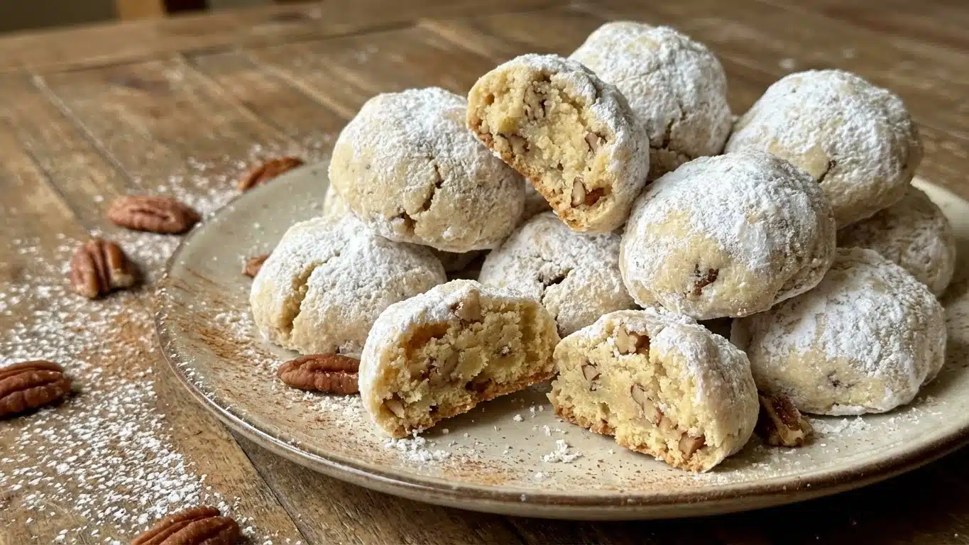 Buttery Pecan Snowball Cookies on a festive tray