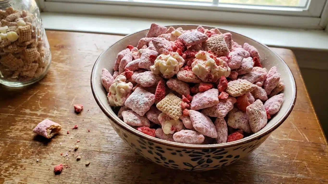 Strawberry Shortcake Puppy Chow snack mix