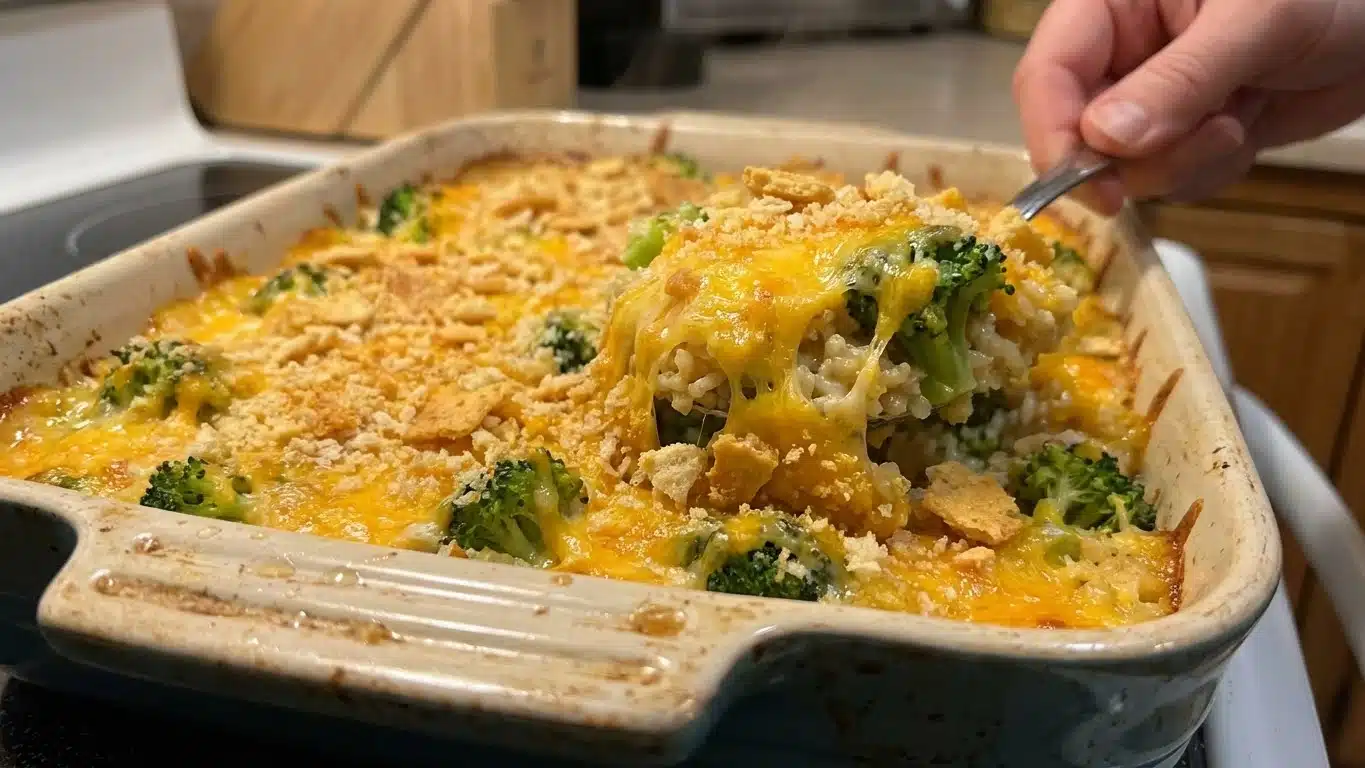 Cheesy Broccoli Rice Casserole baked and ready to serve