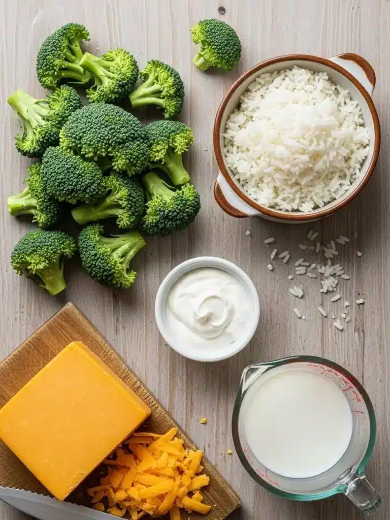 Ingredients for Cheesy Broccoli Rice Casserole