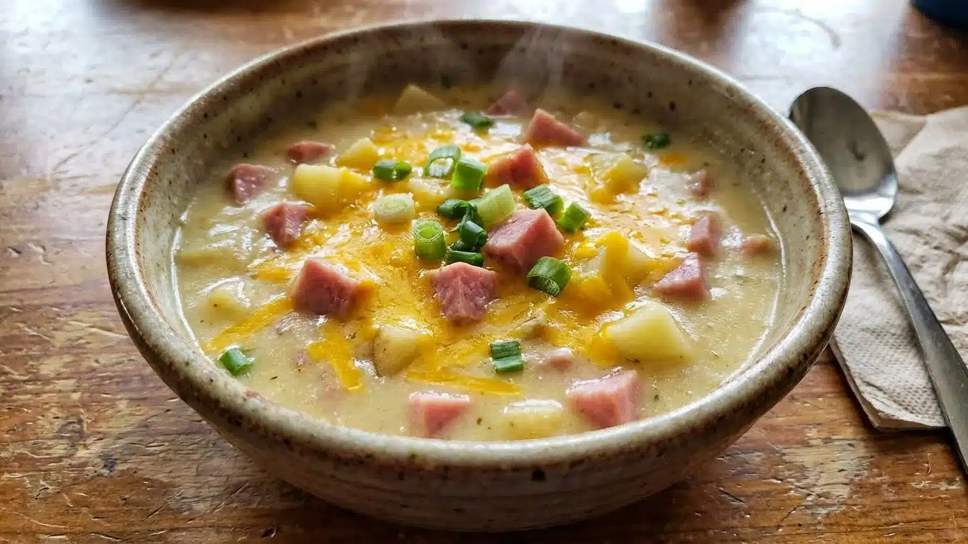 Cheesy Ham and Potato Soup with ham and cheese