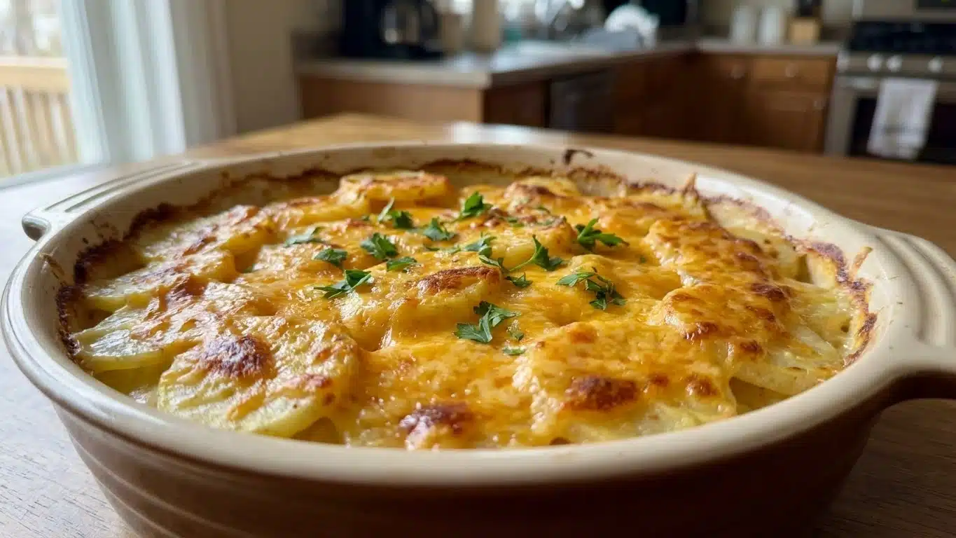 Cheesy Scalloped Potatoes baked to golden perfection
