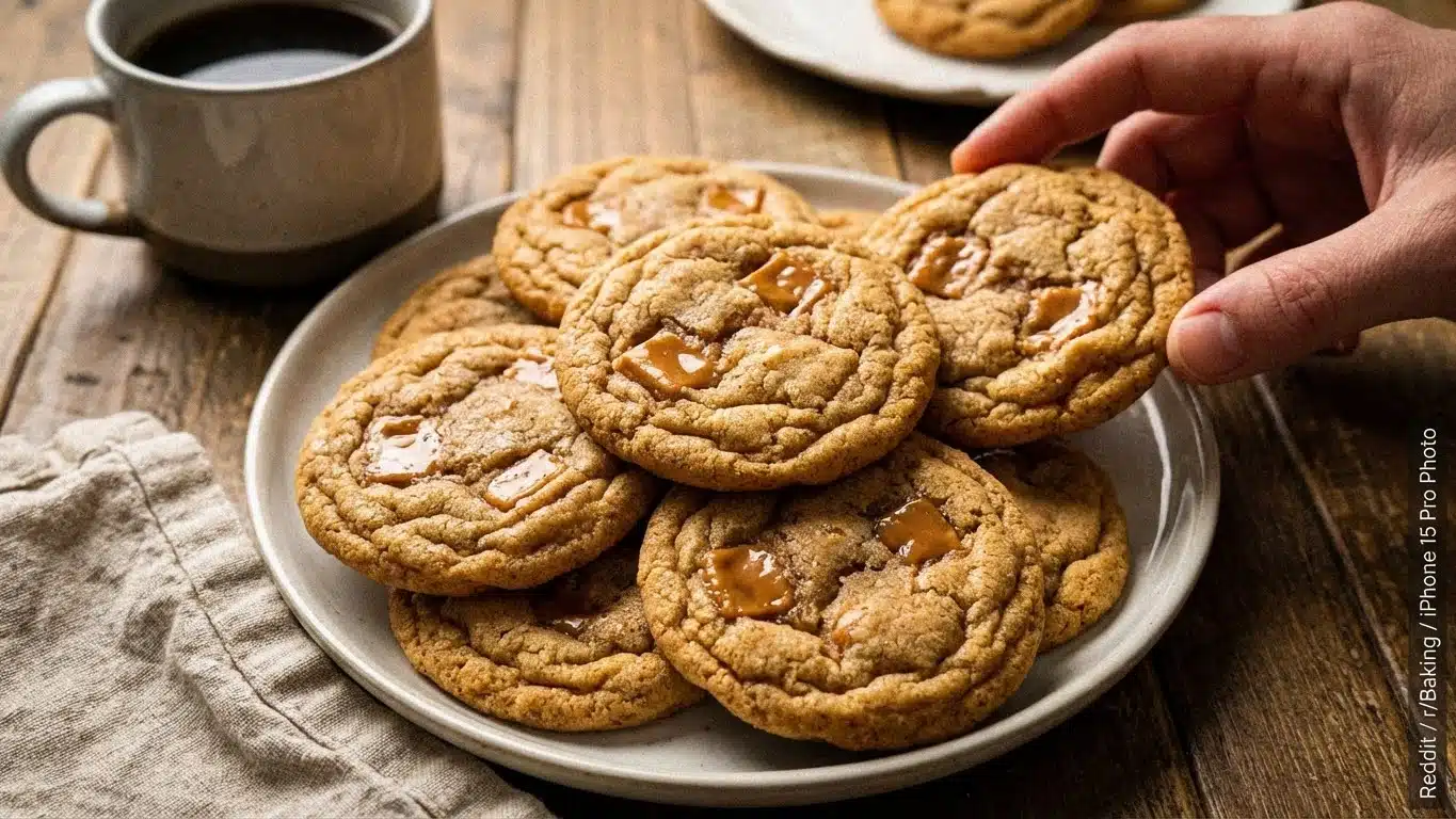 Chewy Apple Cider Cookies stacked on fall table
