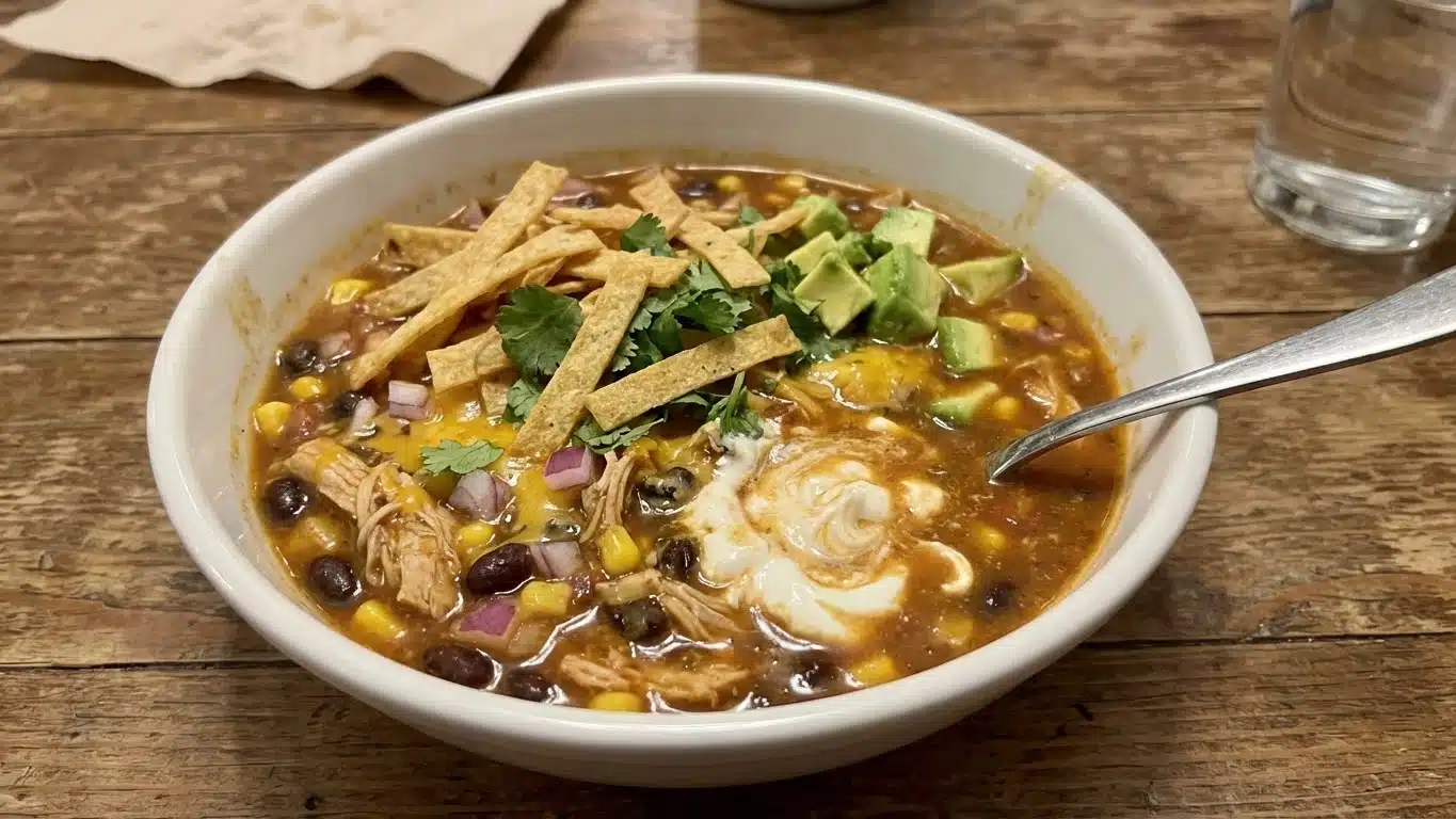 Chicken Enchilada Soup: Creamy, Cheesy & Packed with Mexican Flavor 2 Bowl of Chicken Enchilada Soup with cheese and chips