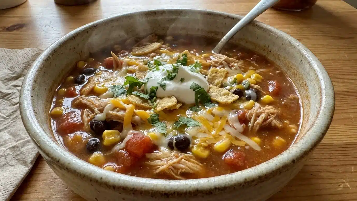 Bowl of Chicken Enchilada Soup with cheese and chips