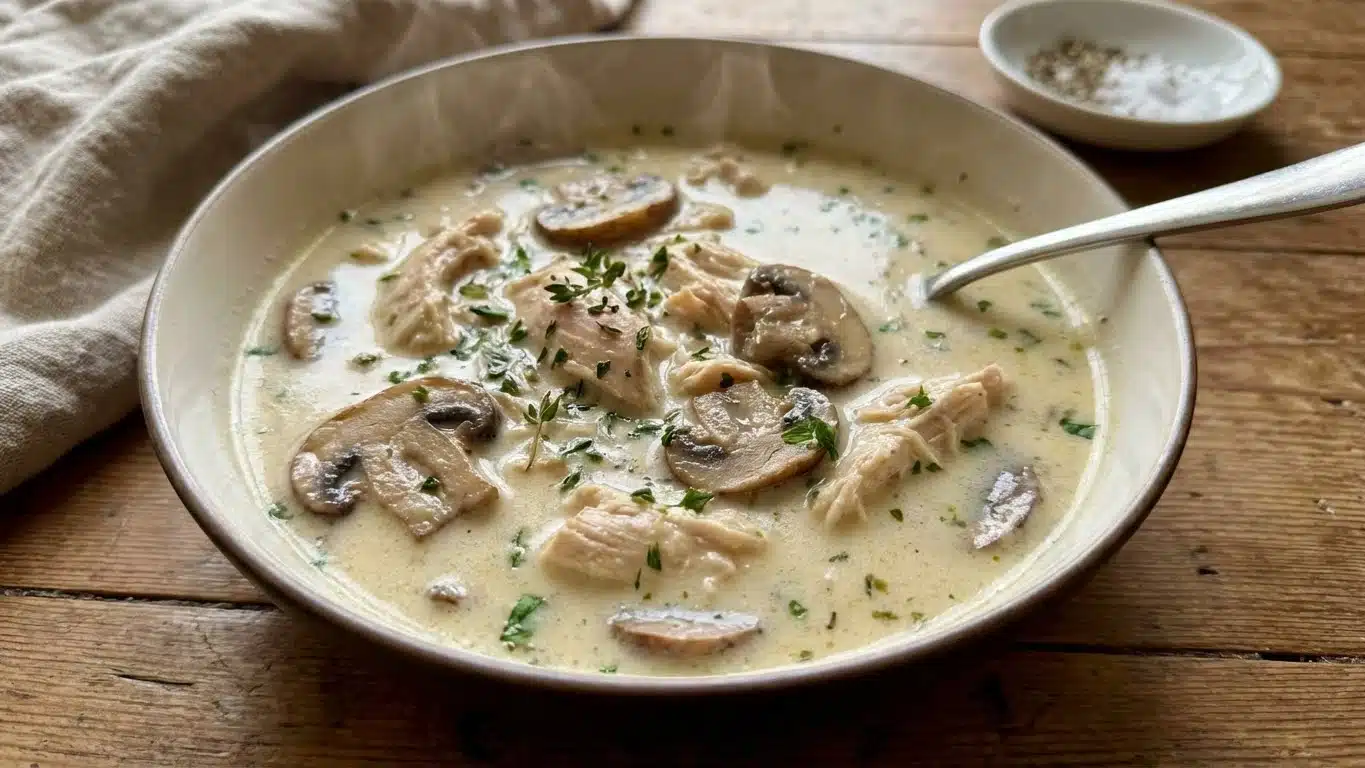 Creamy Chicken Mushroom Soup in a rustic bowl
