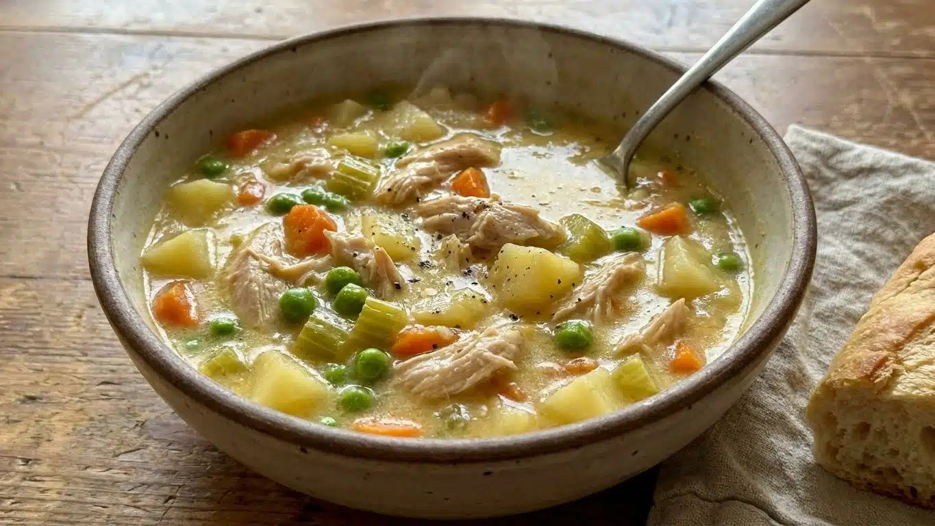 Chicken Pot Pie Stew with vegetables and creamy sauce
