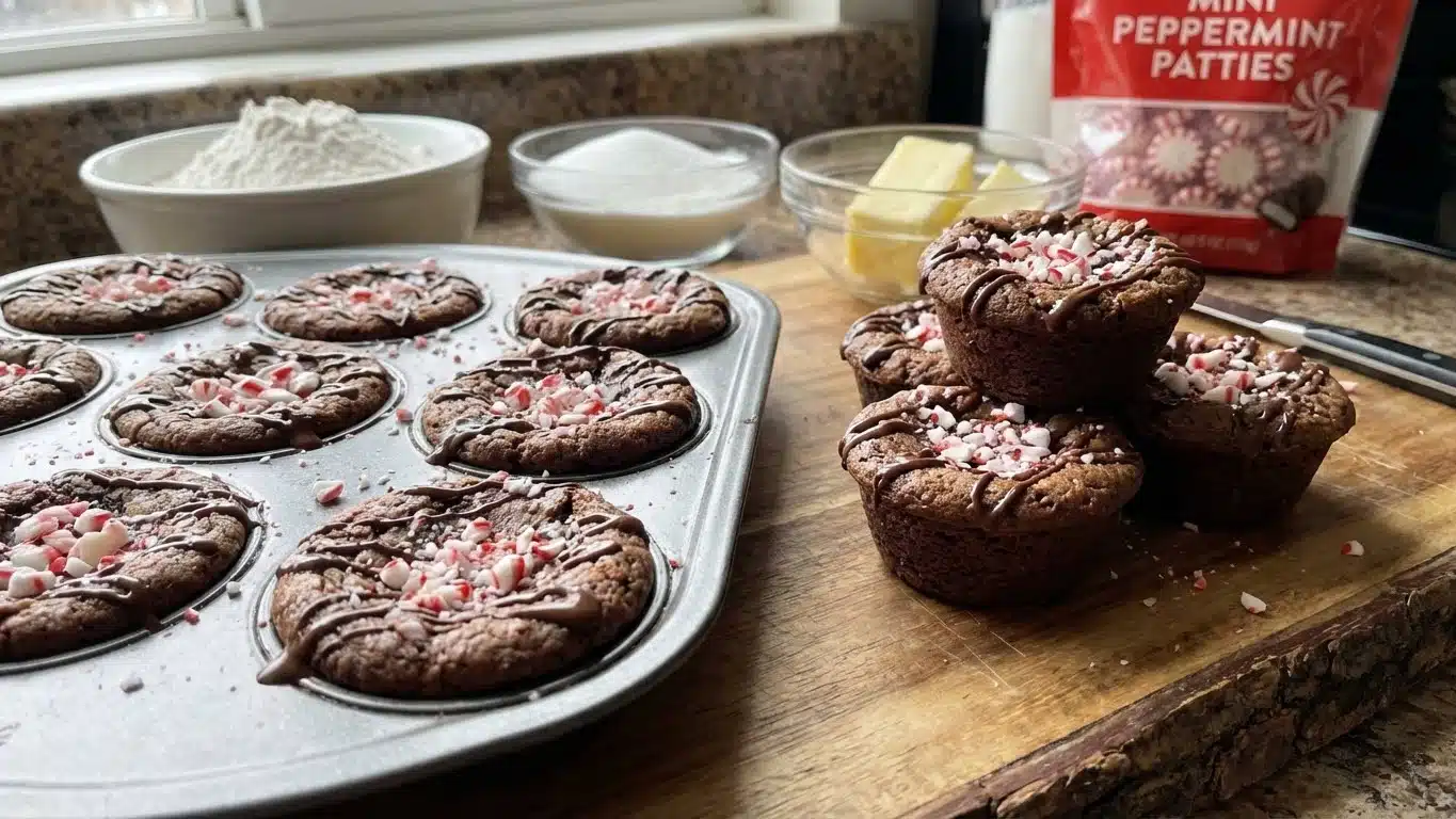 Chocolate Peppermint Cookie Cups with frosting and candy canes