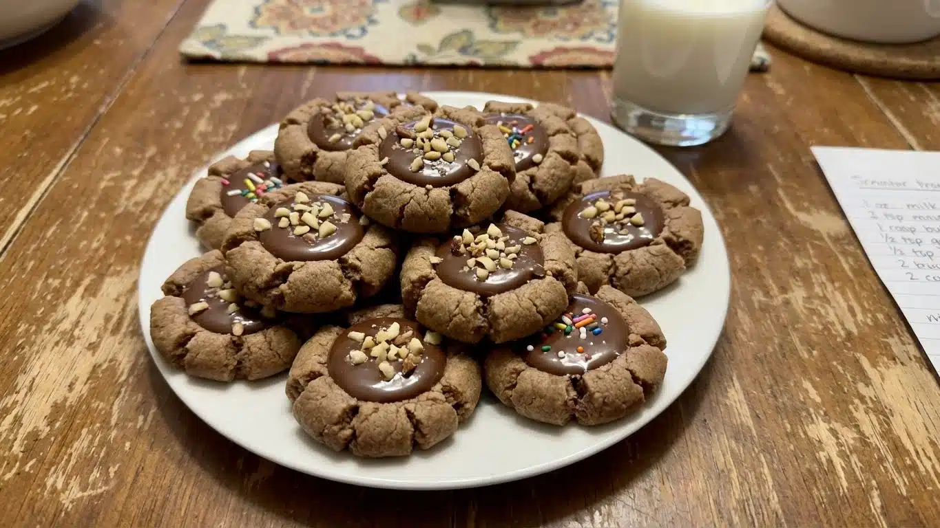 chocolate thumbprint cookies freshly baked on tray