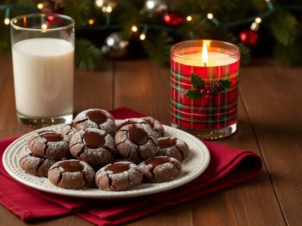 chocolate thumbprint cookies served with milk