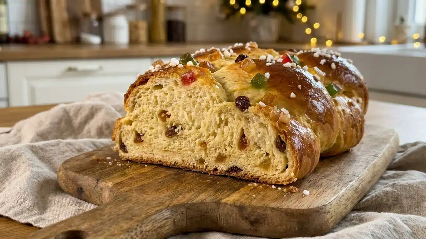 Christmas Bread Recipe – Sweet, Festive & Comforting 2 Freshly baked Christmas Bread on wooden board