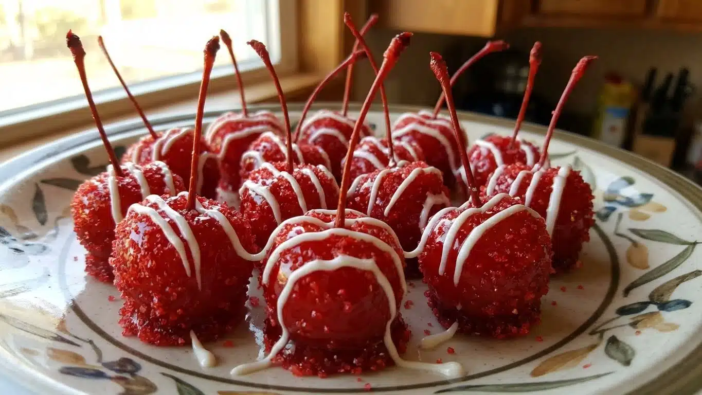 Christmas Cherry Bombs dipped in white chocolate