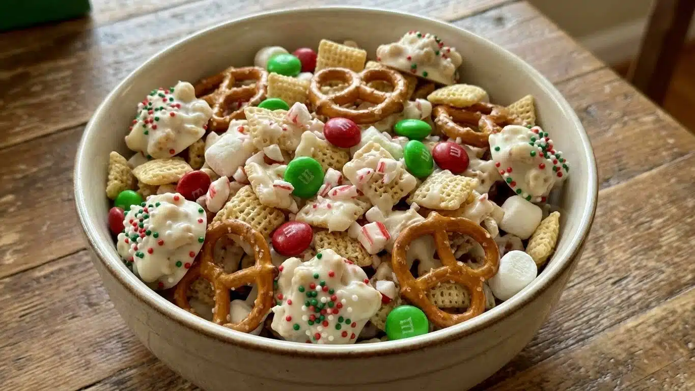 Christmas Chex Mix – Sweet, Salty, and Perfect for Holiday Snacking 2 Christmas Chex Mix in festive bowl