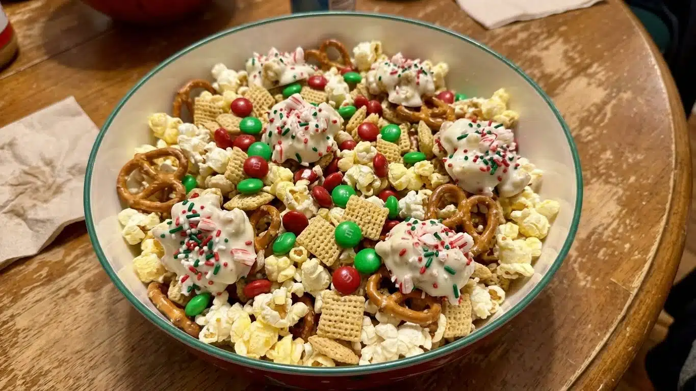 Christmas Crunch Snack Mix in festive bowl