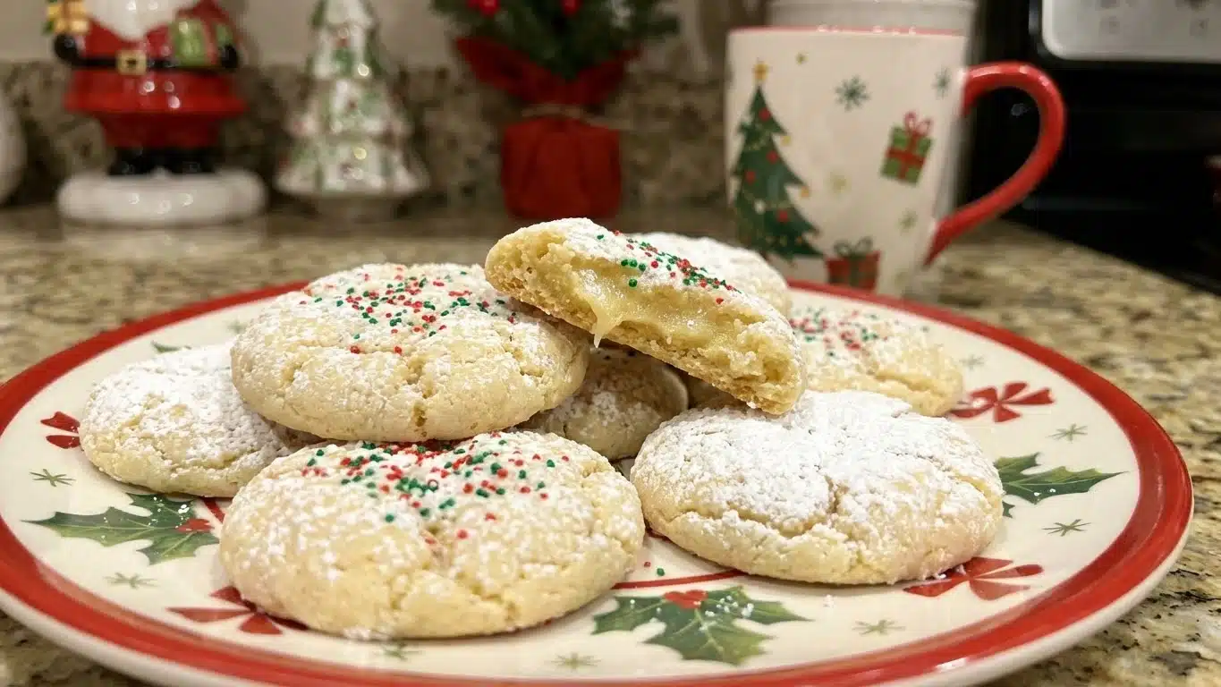Christmas Gooey Butter Cookies with powdered sugar