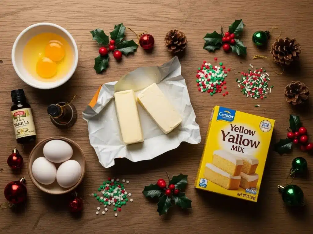 christmas gooey butter cookies ingredients flat lay