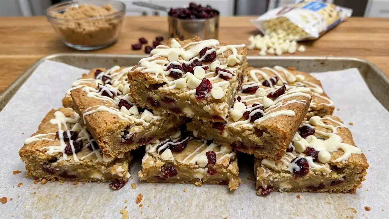 Cranberry Bliss Bars with white chocolate drizzle