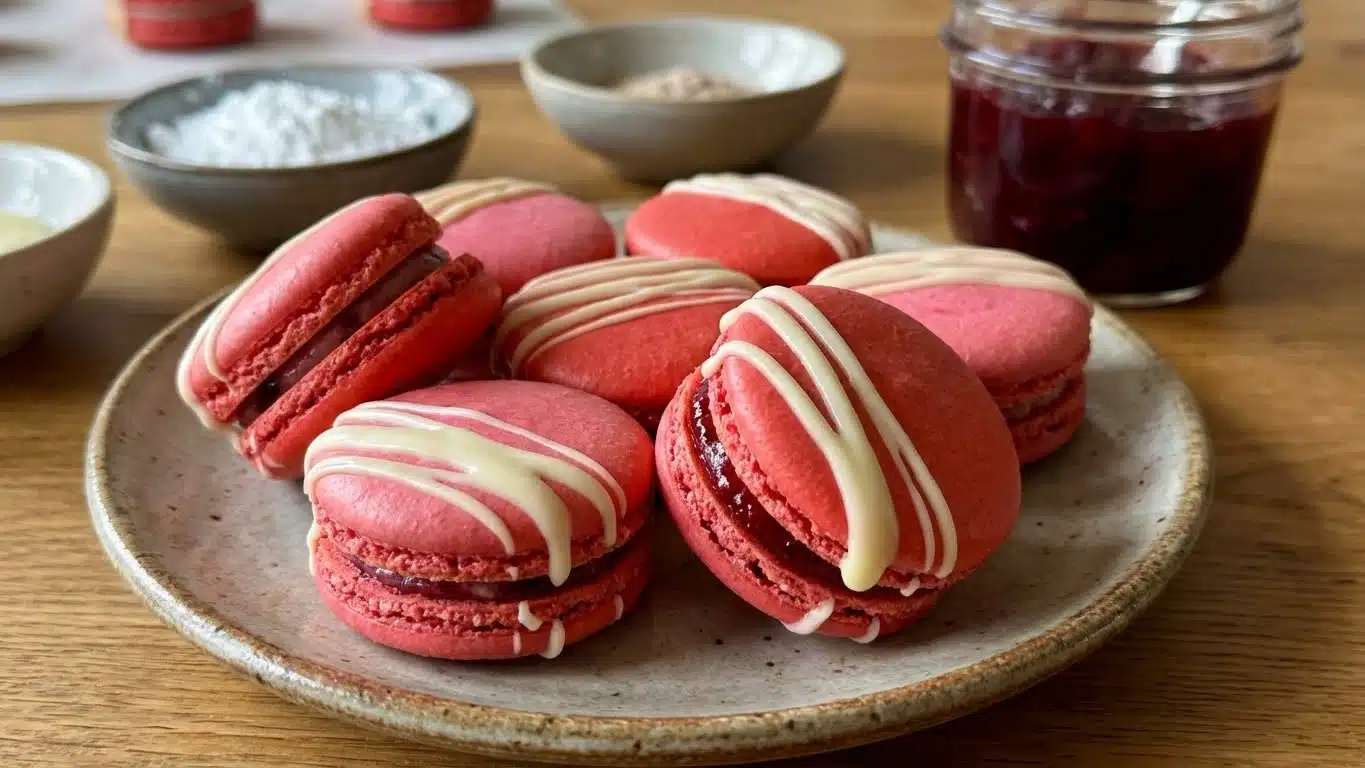 Cranberry Macarons with buttercream filling