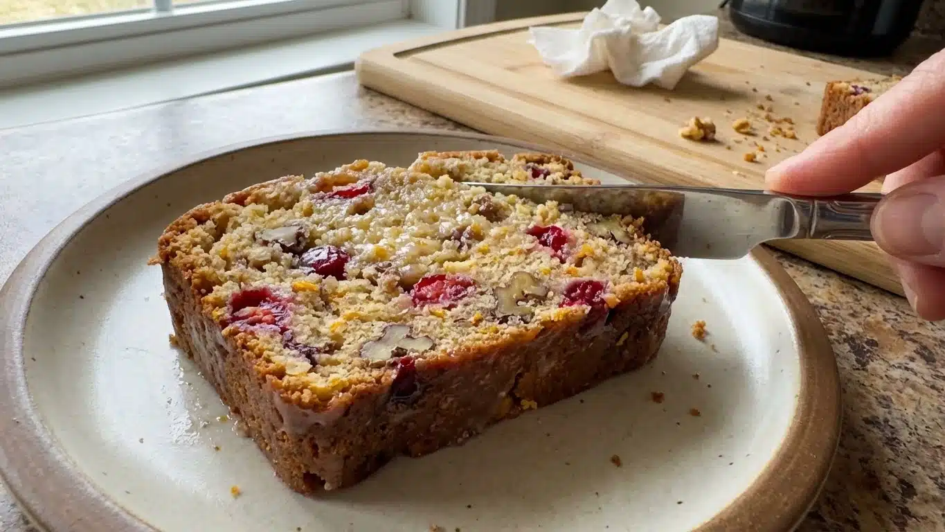 Cranberry Orange Walnut Bread sliced on board