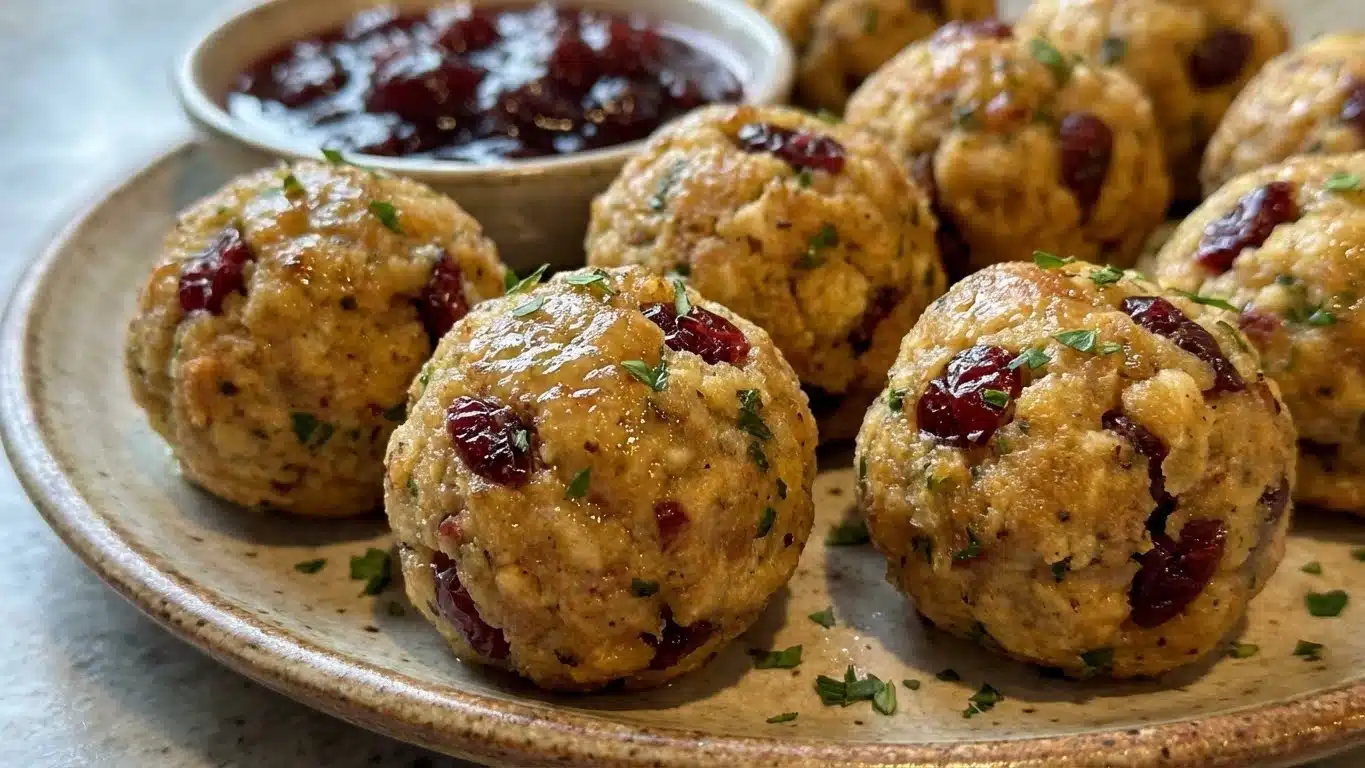 Cranberry Turkey Stuffing Balls with gravy