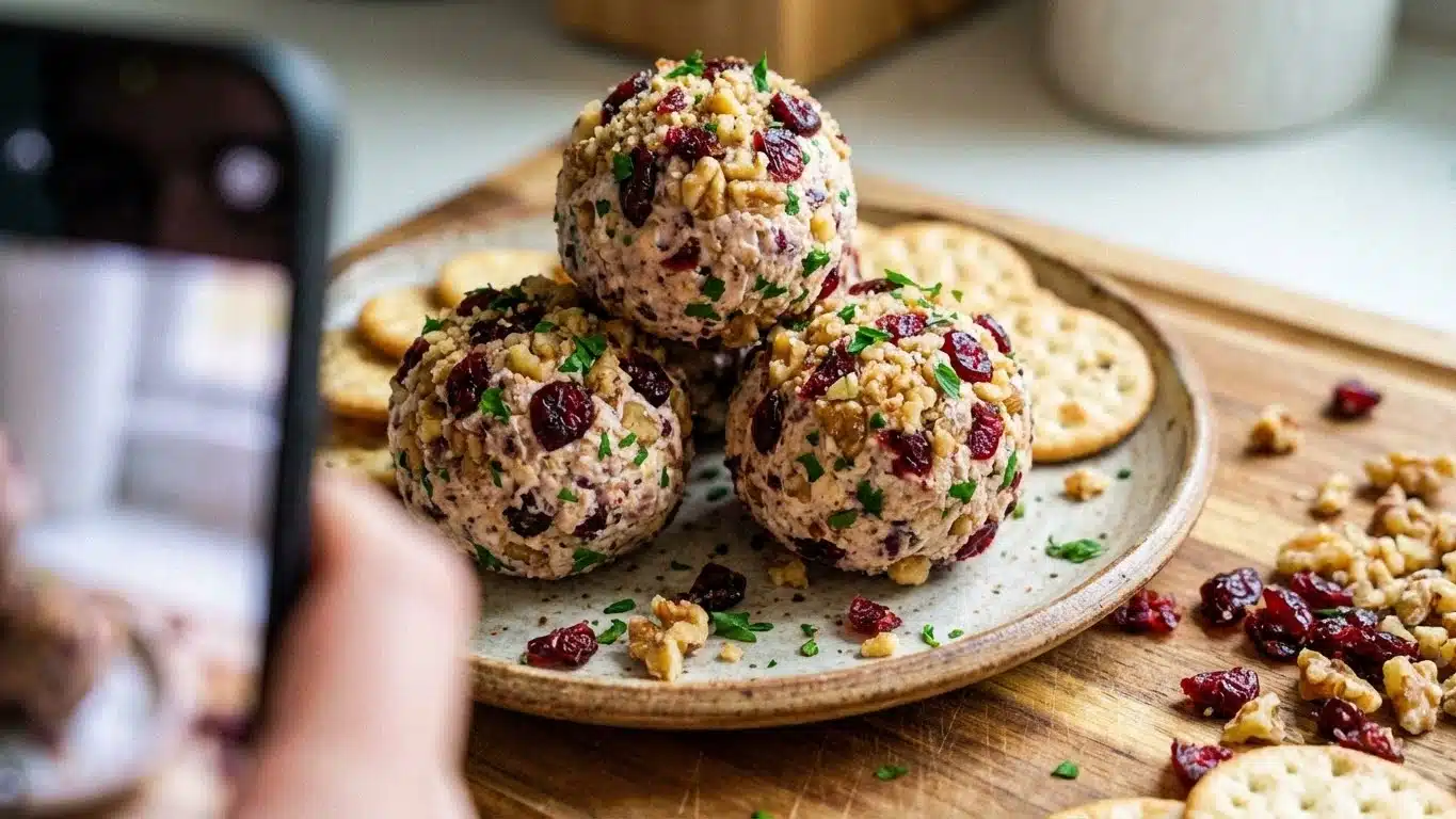 Cranberry Walnut Cheese Ball surrounded by crackers