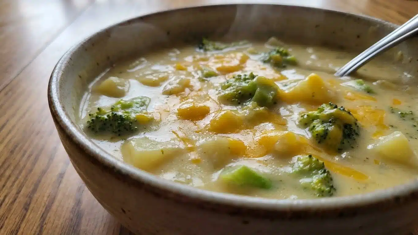 Creamy Broccoli Potato Cheese Soup with cheddar