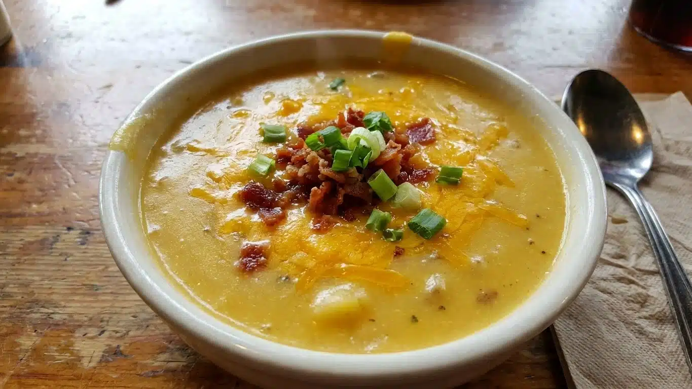 Creamy Cheesy Potato Soup with toppings