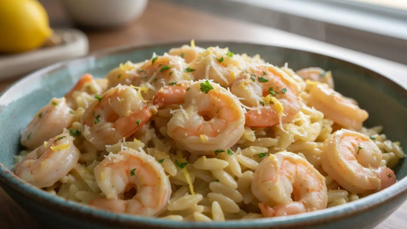 Creamy Lemon Garlic Shrimp Orzo: Bright, Silky & Comforting 2 Creamy Lemon Garlic Shrimp Orzo in skillet