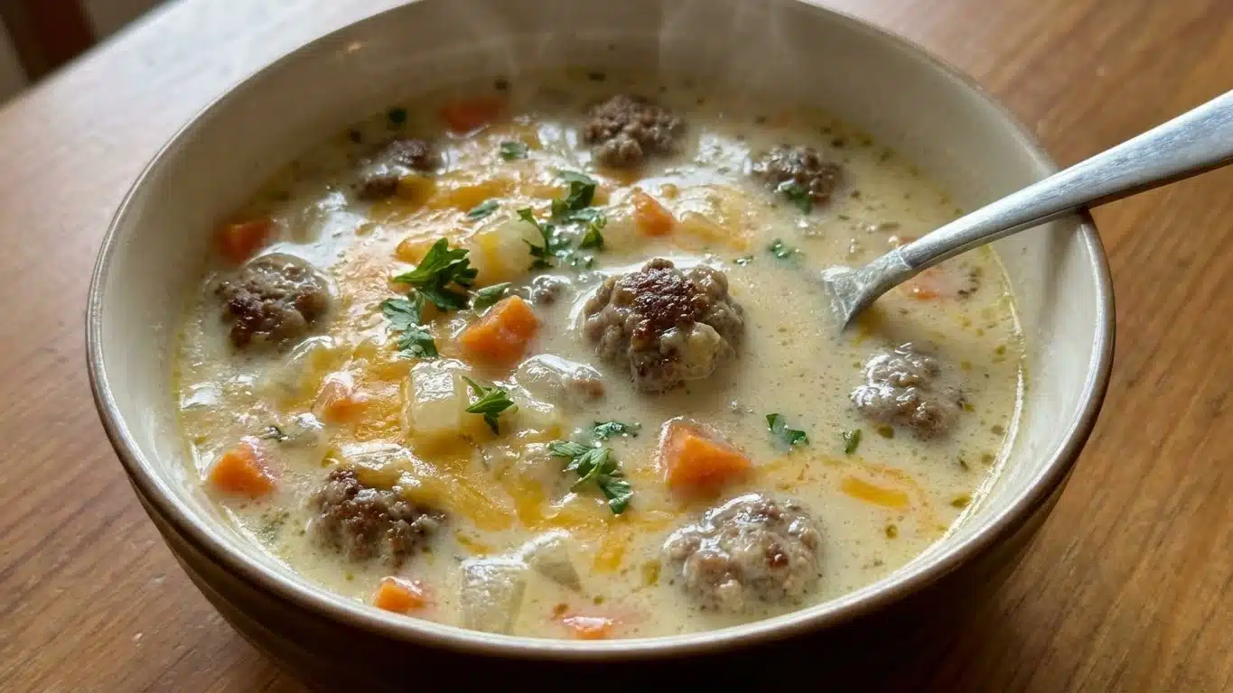 Bowl of Creamy Meatball Soup with cheese