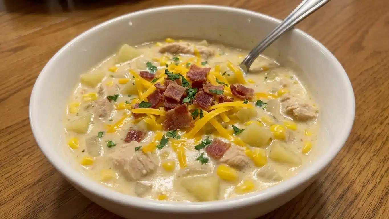 Crockpot Chicken Corn Chowder with bacon and corn