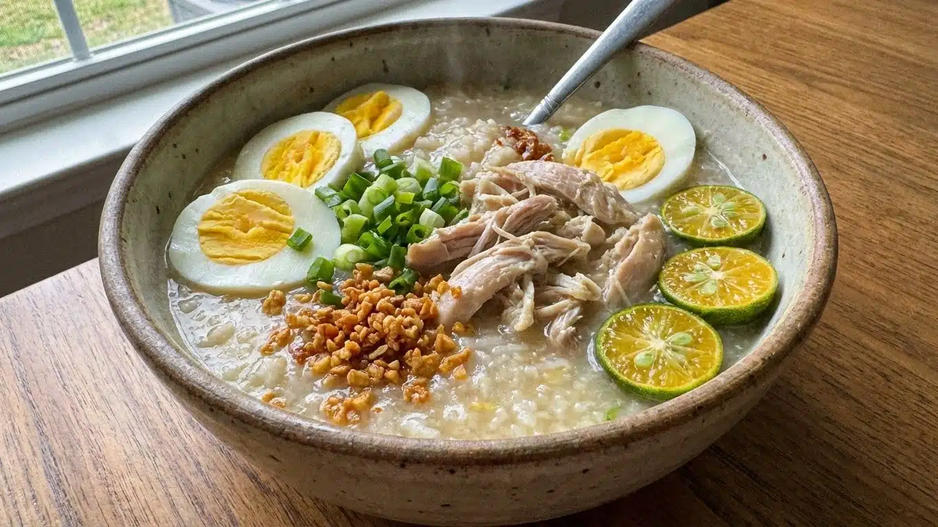 Filipino Chicken Arroz Caldo with egg and green onions
