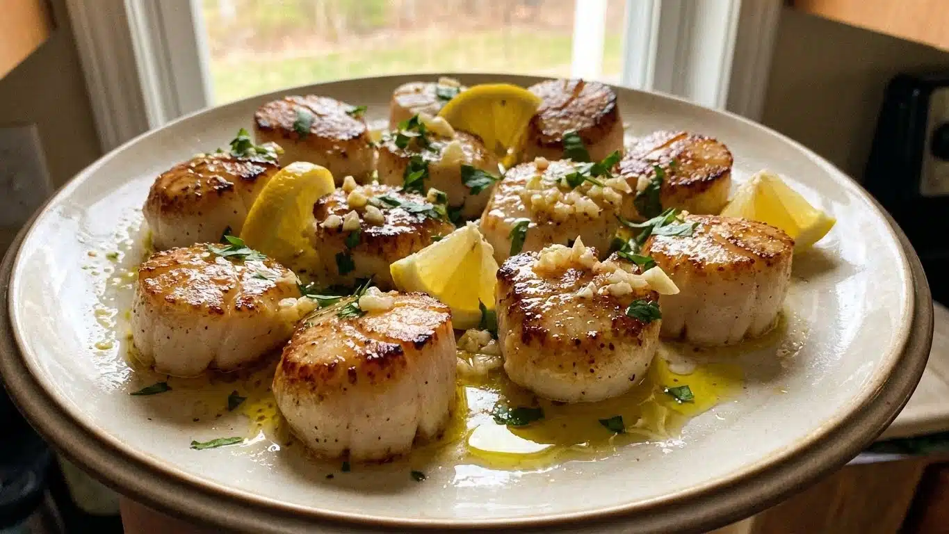 Garlic Butter Scallops plated with lemon and parsley