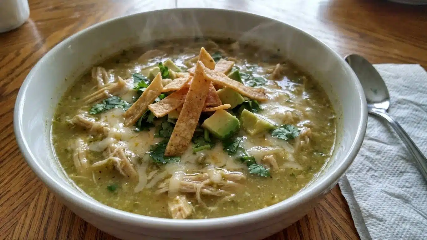 Green Enchiladas Chicken Soup with cheese and cilantro