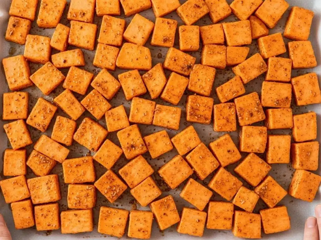 seasoned sweet potato cubes on sheet pan ready to roast