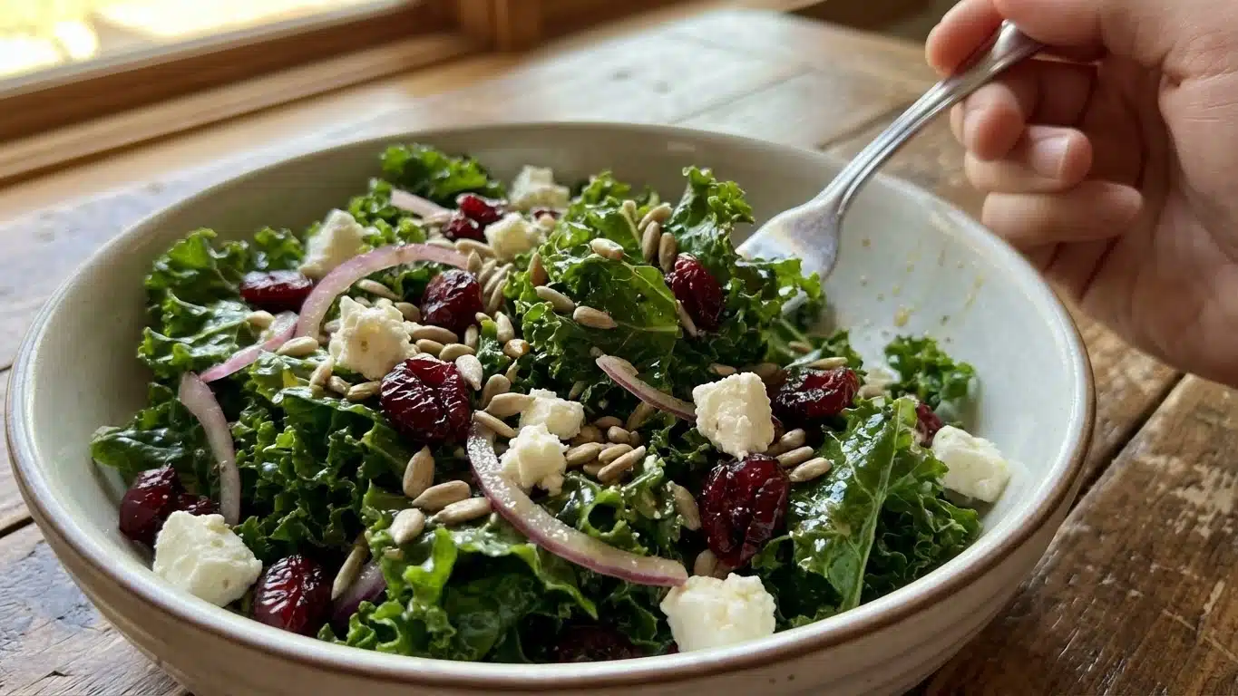 Kale and Cranberry Salad: Fresh, Crunchy & Bursting with Flavor 1 Kale and Cranberry Salad with almonds and cheese