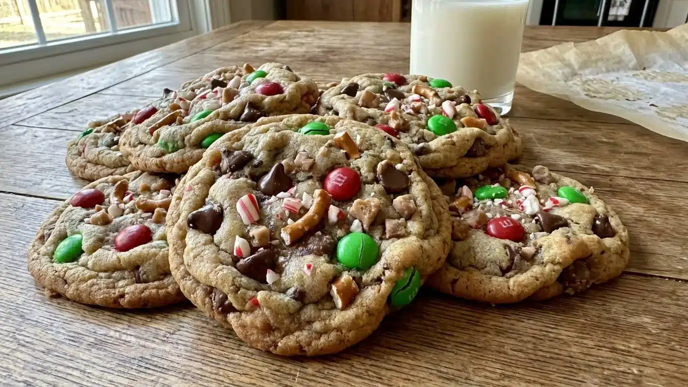 Kitchen Sink Christmas Cookies – Fun, Sweet, and Perfectly Salty 2 Kitchen Sink Christmas Cookies stacked on wire rack