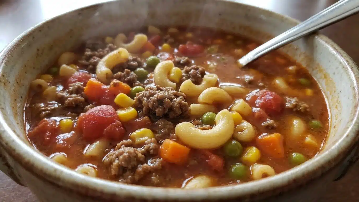 Bowl of Macaroni and Hamburger Soup with pasta and beef