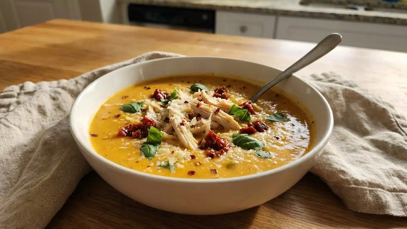 Bowl of Marry Me Chicken Soup with sun-dried tomatoes