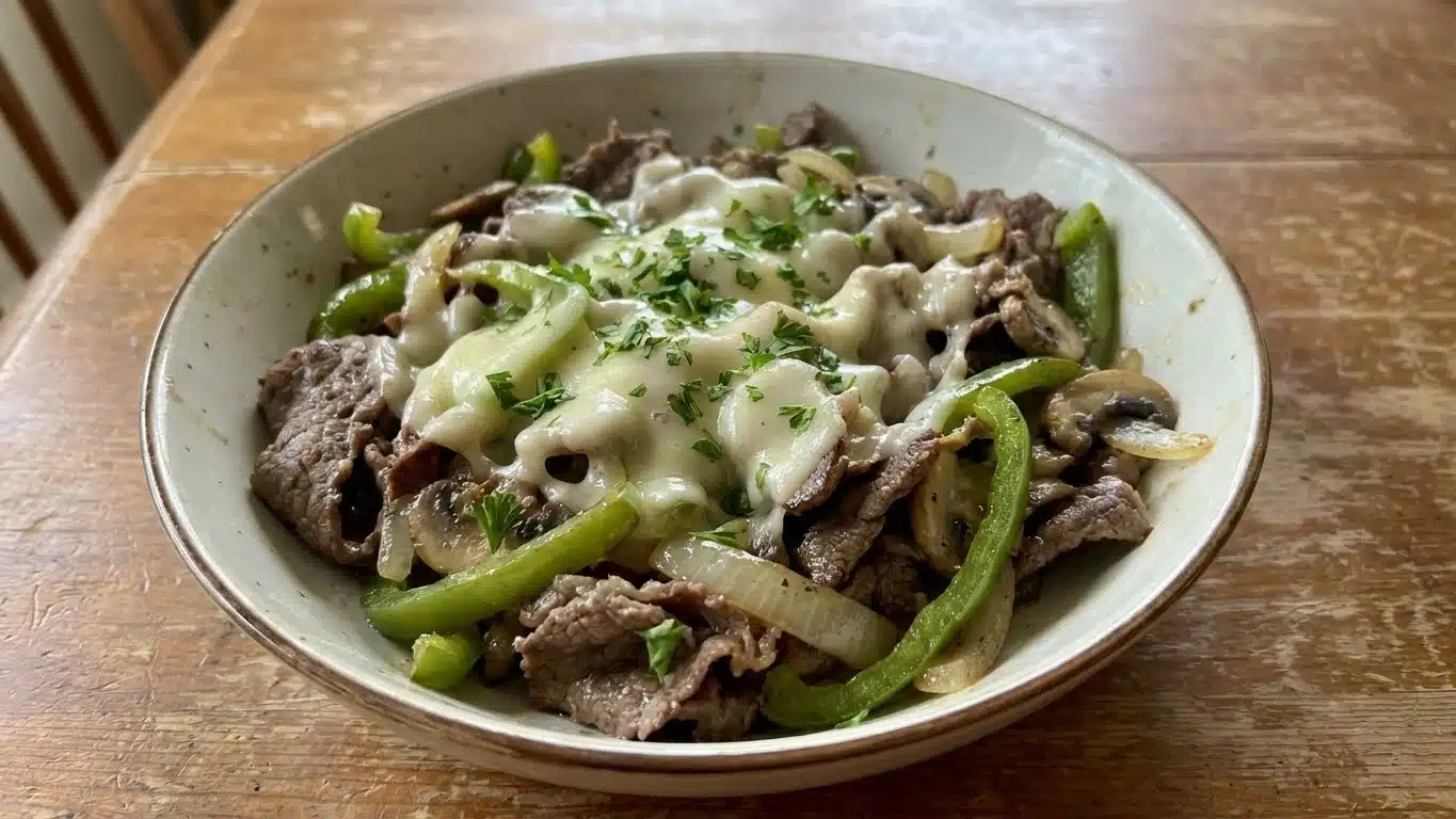Philly Cheesesteak Bowl with beef, onions, and peppers
