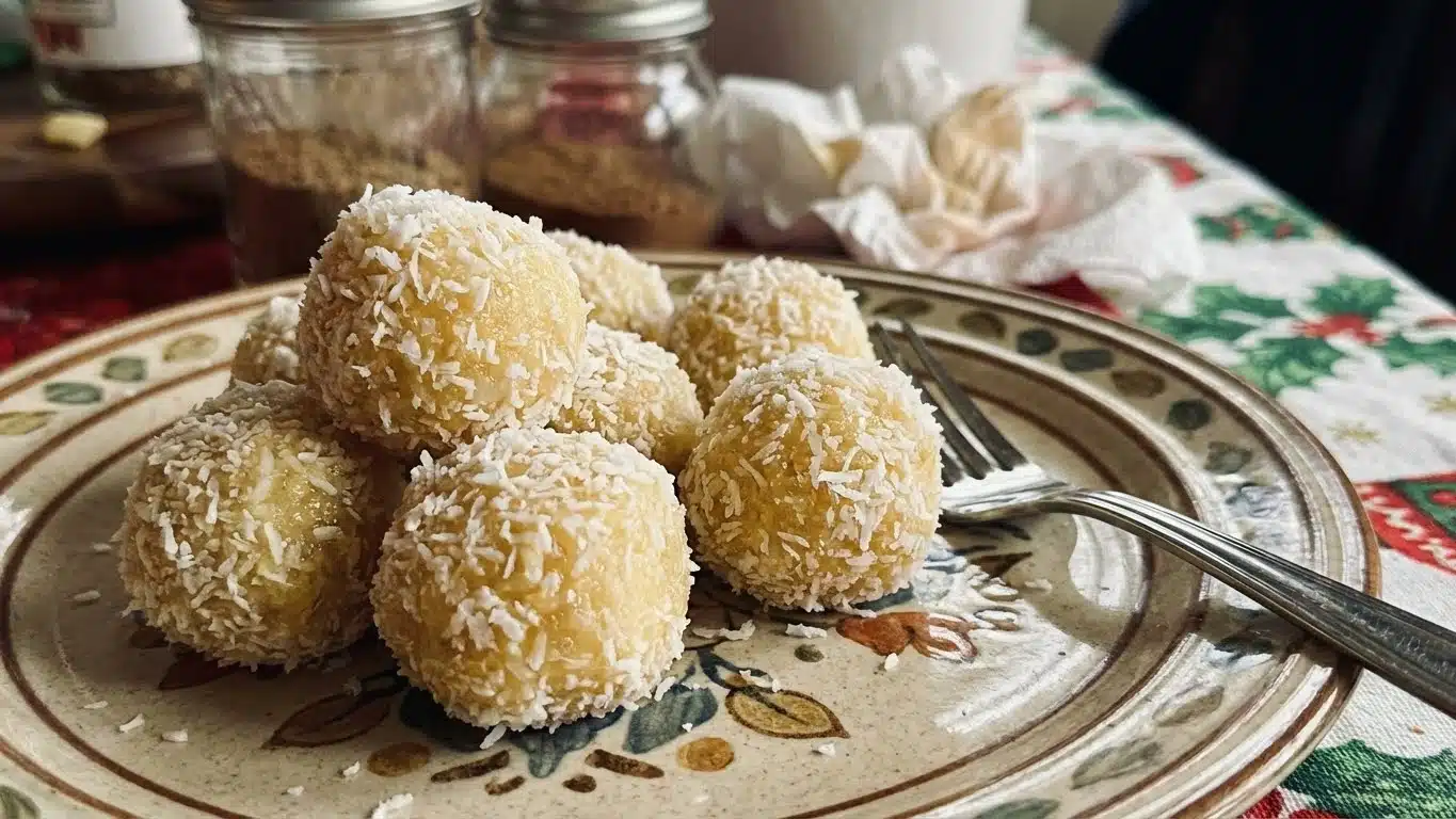 Pineapple Christmas Balls rolled in coconut on festive plate