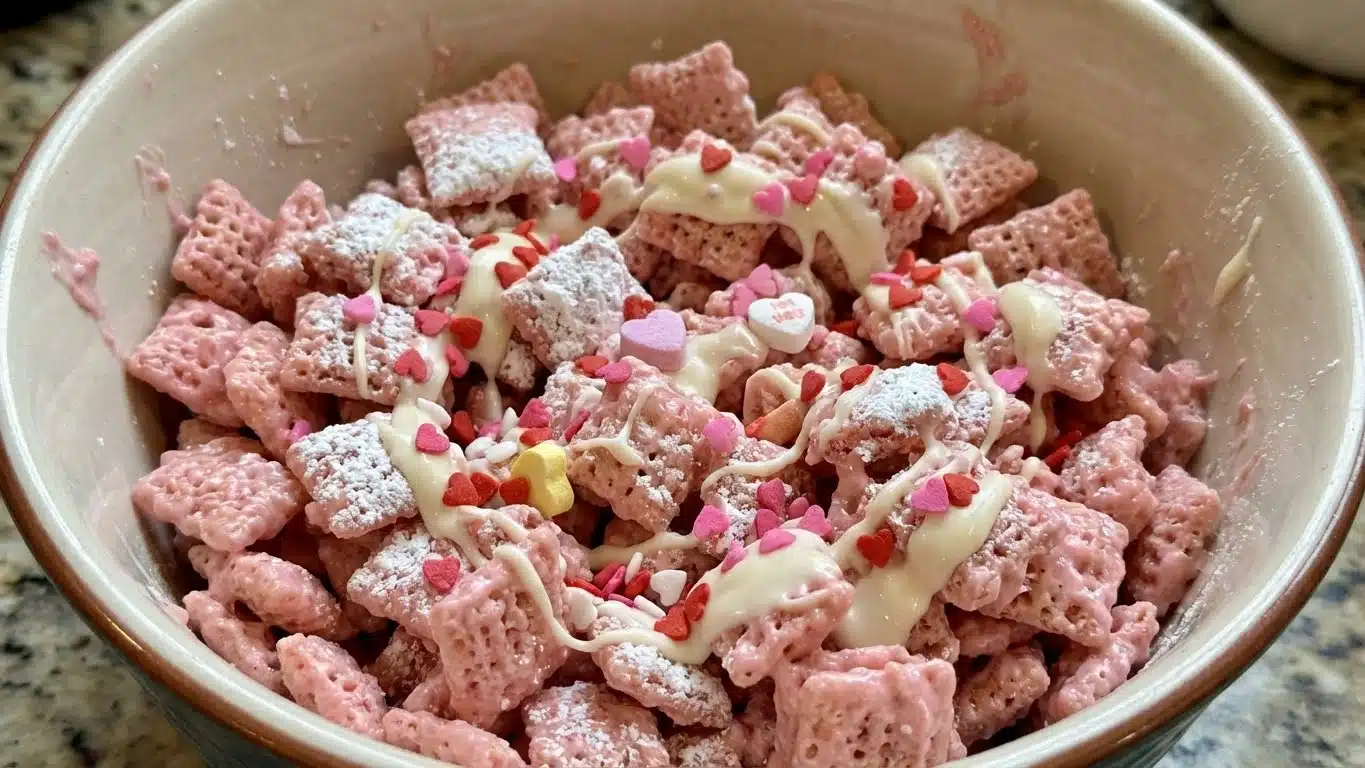 Pink Valentine Puppy Chow Mix: Sweet, Crunchy & Perfectly Festive 2 Pink Valentine Puppy Chow Mix with candy and sprinkles