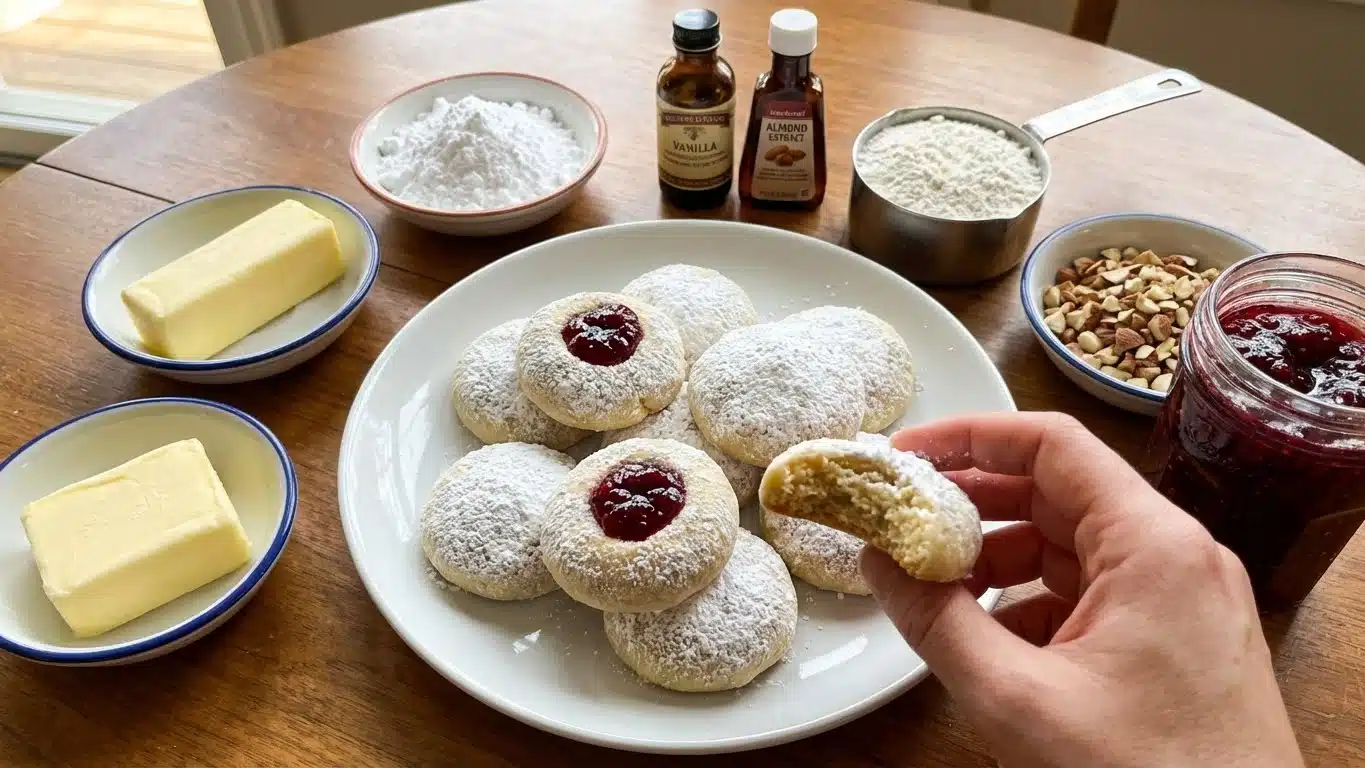 raspberry filled almond snowball cookies on plate
