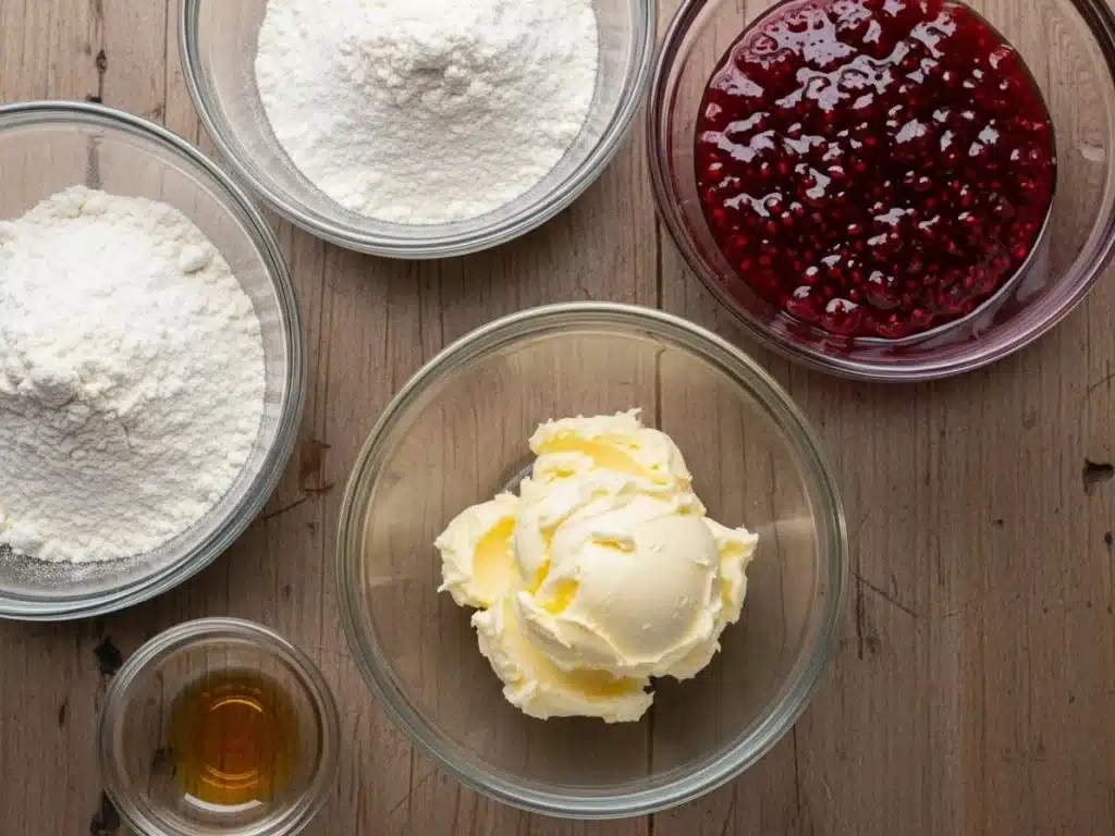 raspberry snowball cookie ingredients flat lay