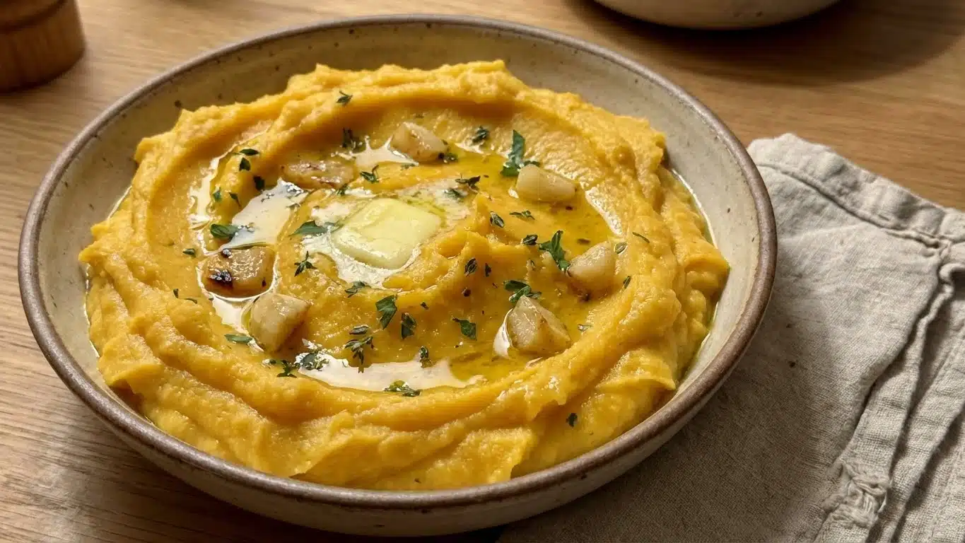 Roasted Garlic Mashed Butternut Squash served in bowl