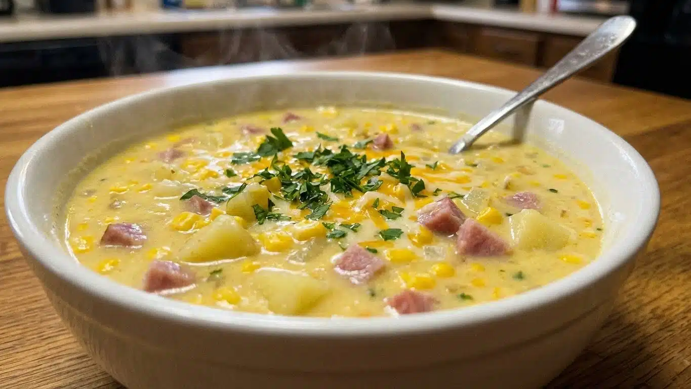 Bowl of Slow Cooker Amish Corn Chowder with bacon and potatoes