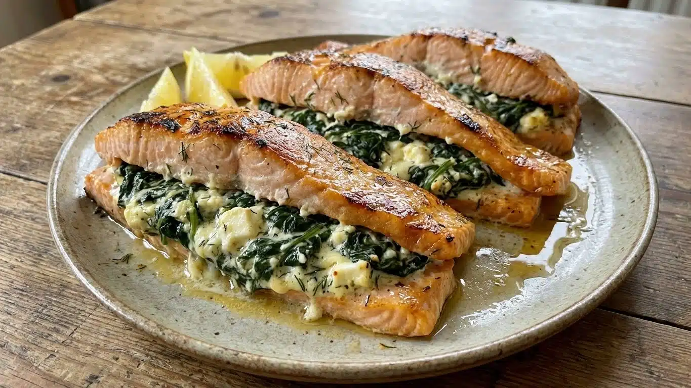 Spinach Feta Stuffed Salmon with lemon
