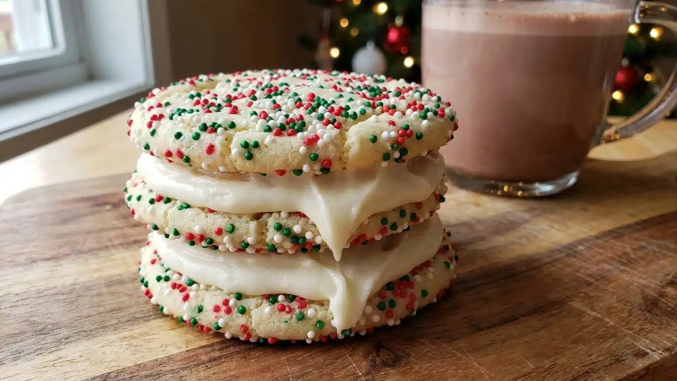 Stacked Sprinkle Christmas Cookies with frosting and sprinkles