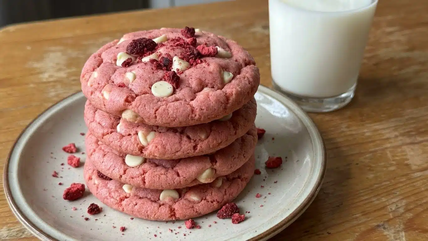 Strawberry Milkshake Cookies with white chocolate chips
