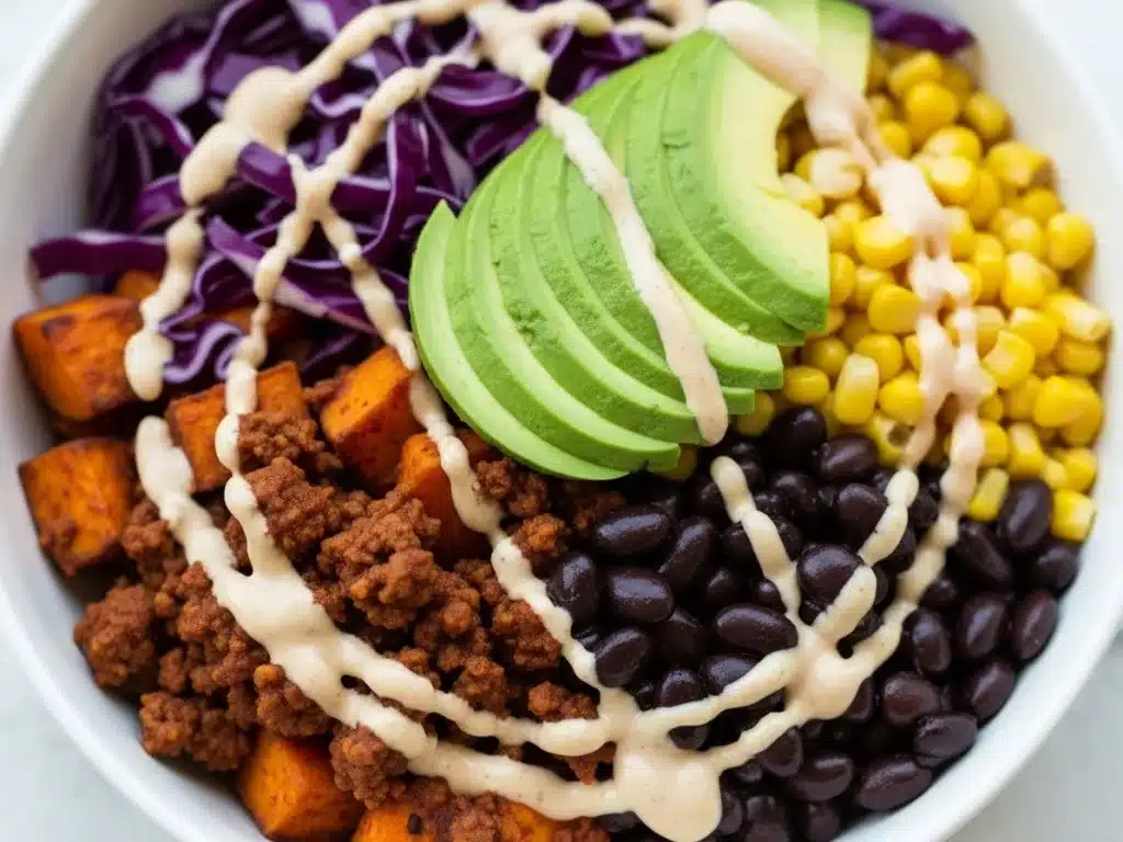 sweet potato taco bowl with ground beef and colorful toppings